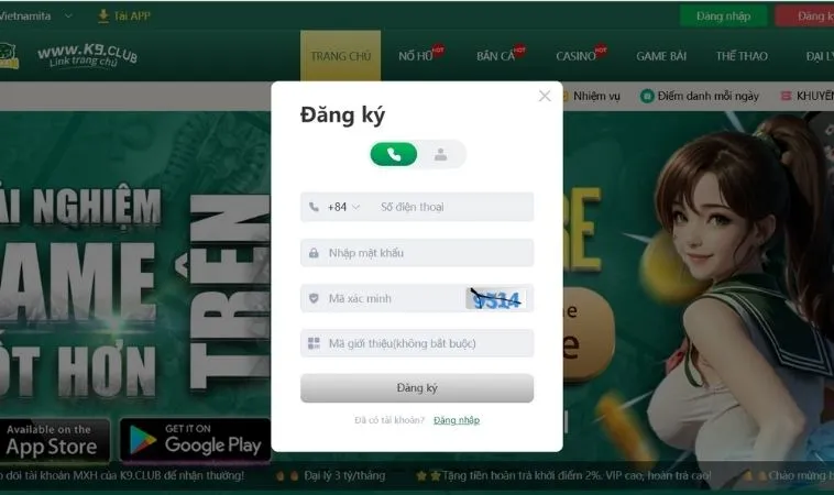 Giao diện đăng ký K9CC