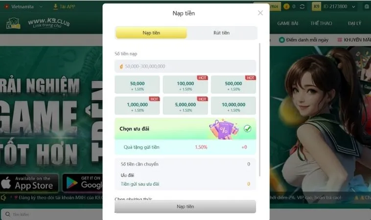 Giao diện nạp tiền K9CC