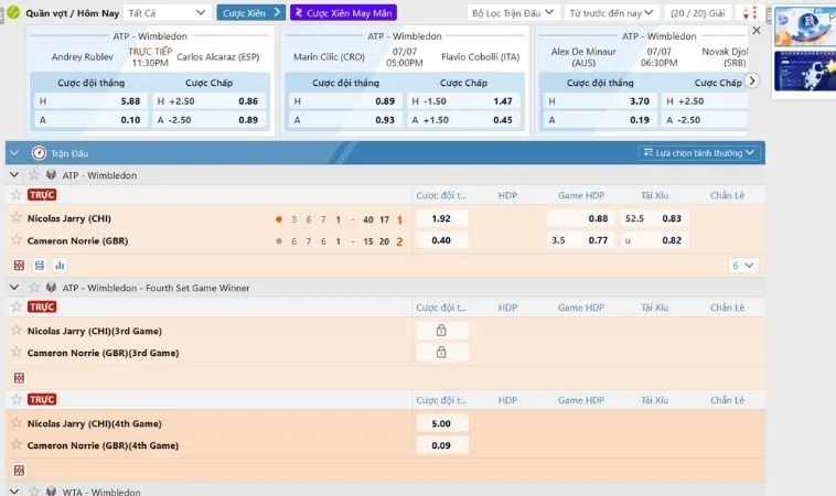 Giao diện đặt cược quần vợt K9CC