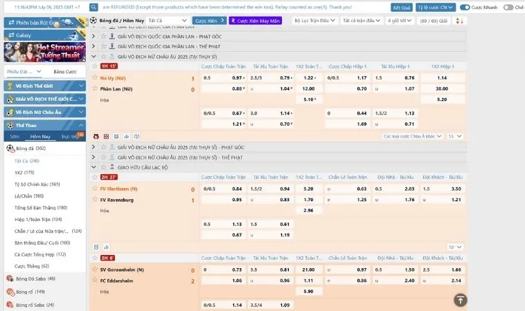 Giao diện đặt cược tại sảnh Thể Thao K9CC